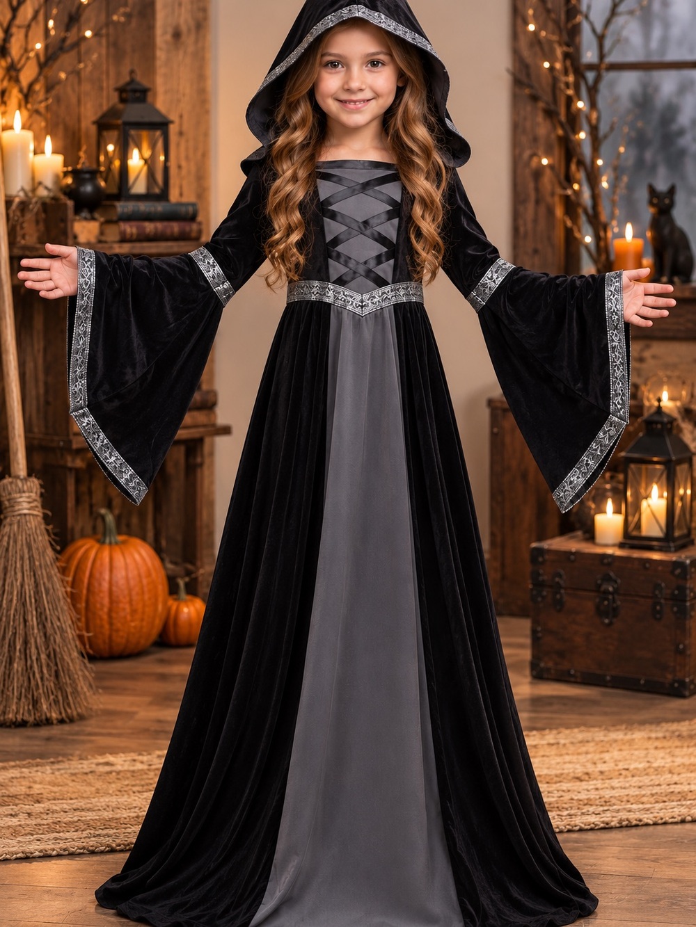 Black Hooded Robe Costume for Girls, Fairytale Witch Costume